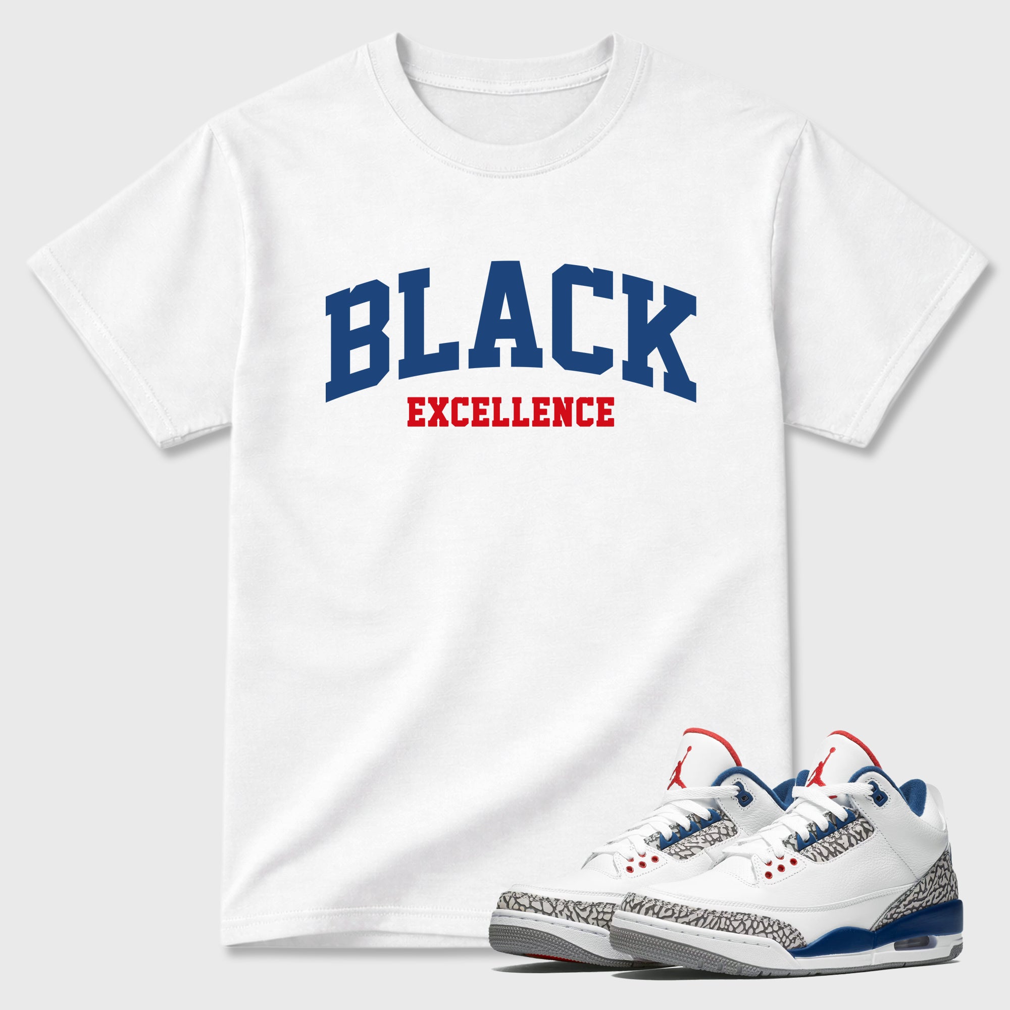 Varsity Black Excellence Graphic T-Shirt featuring original streetwear artwork designed to match the Air Jordan 3 True Blue. White 1 Graphic T-Shirt.