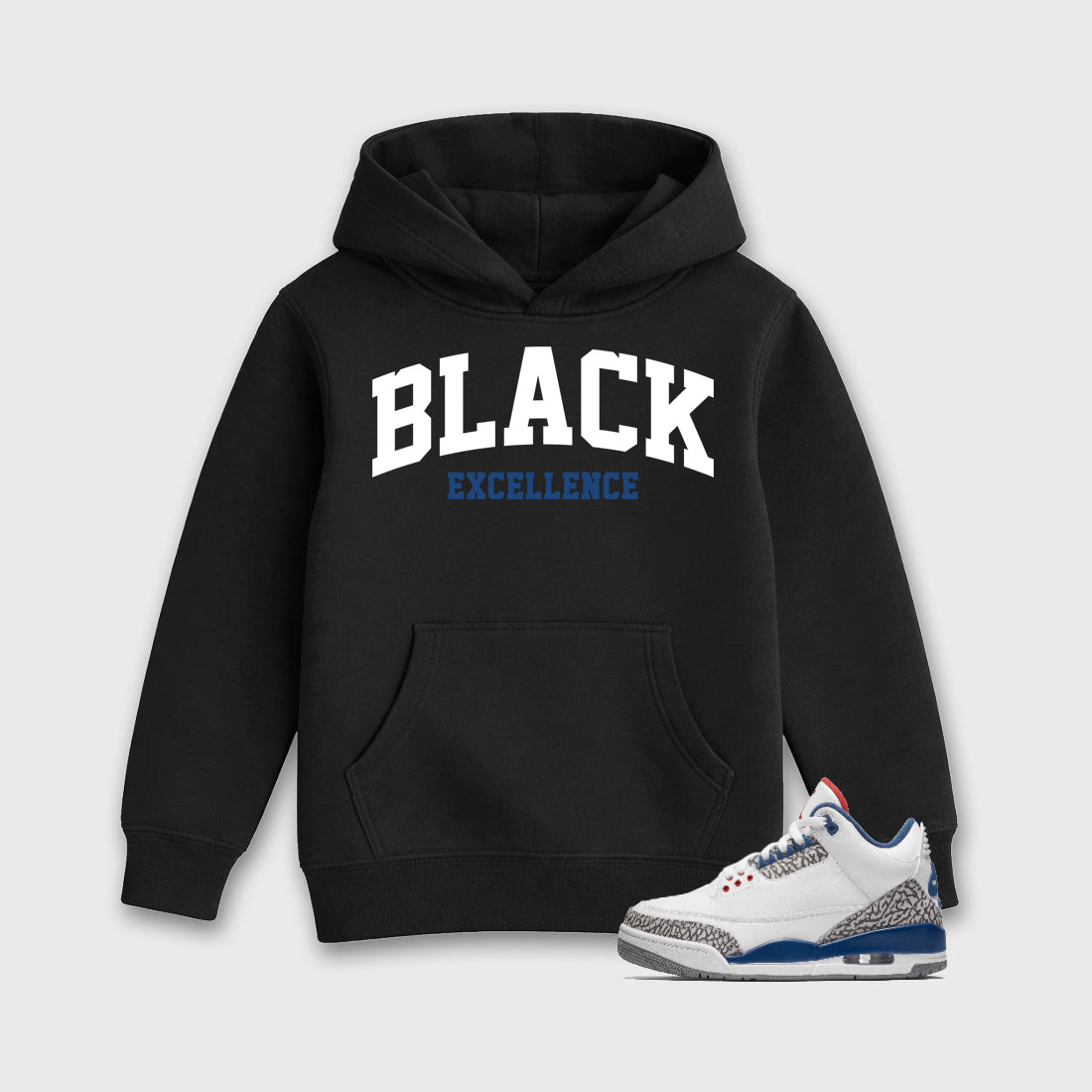 Varsity Black Excellence Baby & Kids Graphic Hoodie featuring original artwork designed to match the Air Jordan 3 True Blue. Black 1 Kids Graphic Sweater.