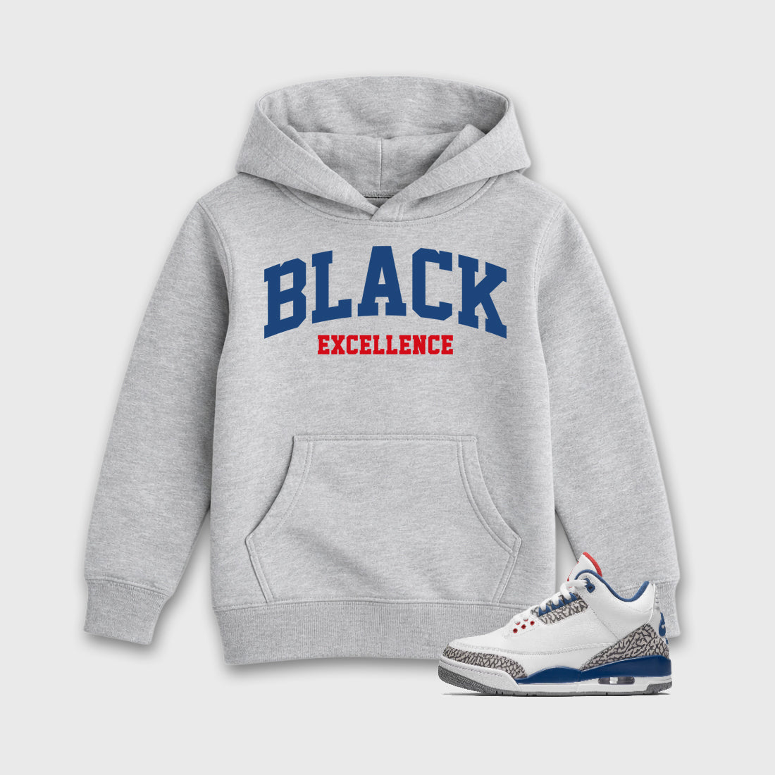 Varsity Black Excellence Baby & Kids Graphic Hoodie featuring original artwork designed to match the Air Jordan 3 True Blue. Heather Grey 1 Kids Graphic Sweater.