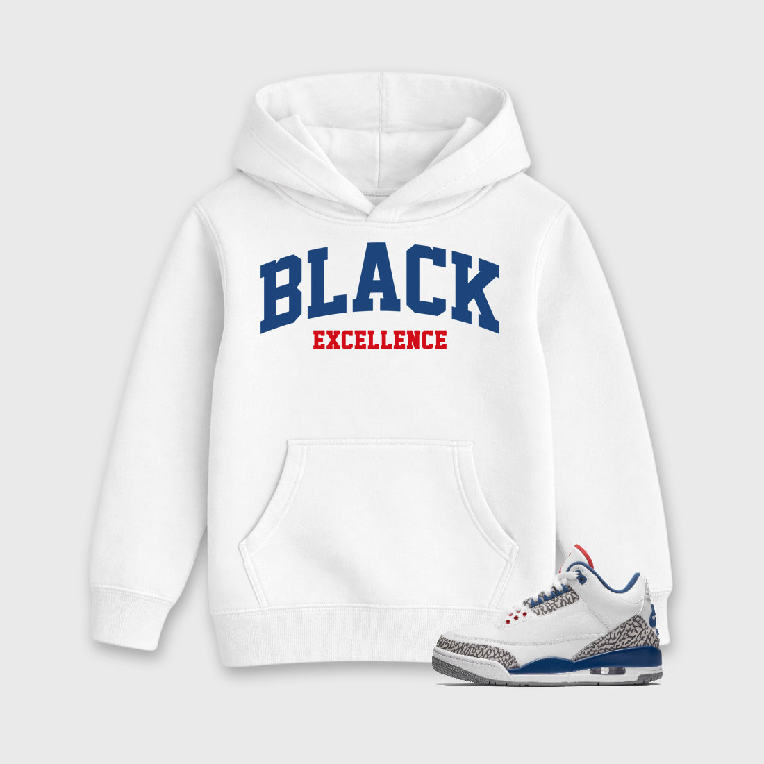 Varsity Black Excellence Baby & Kids Graphic Hoodie featuring original artwork designed to match the Air Jordan 3 True Blue. White 1 Kids Graphic Sweater.