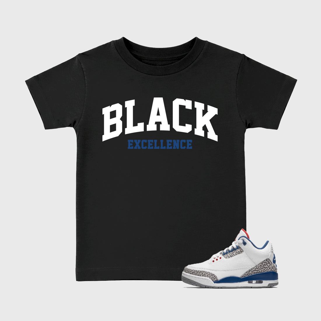 Varsity Black Excellence Baby & Kids Graphic T-Shirt featuring original artwork designed to match the Air Jordan 3 True Blue. Black 1 Kids Graphic Tee.
