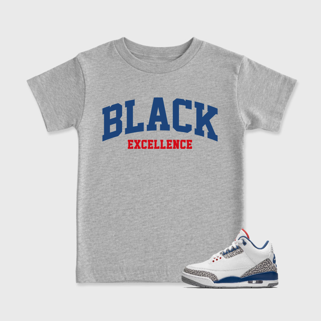 Varsity Black Excellence Baby & Kids Graphic T-Shirt featuring original artwork designed to match the Air Jordan 3 True Blue. Heather Grey 1 Kids Graphic Tee.