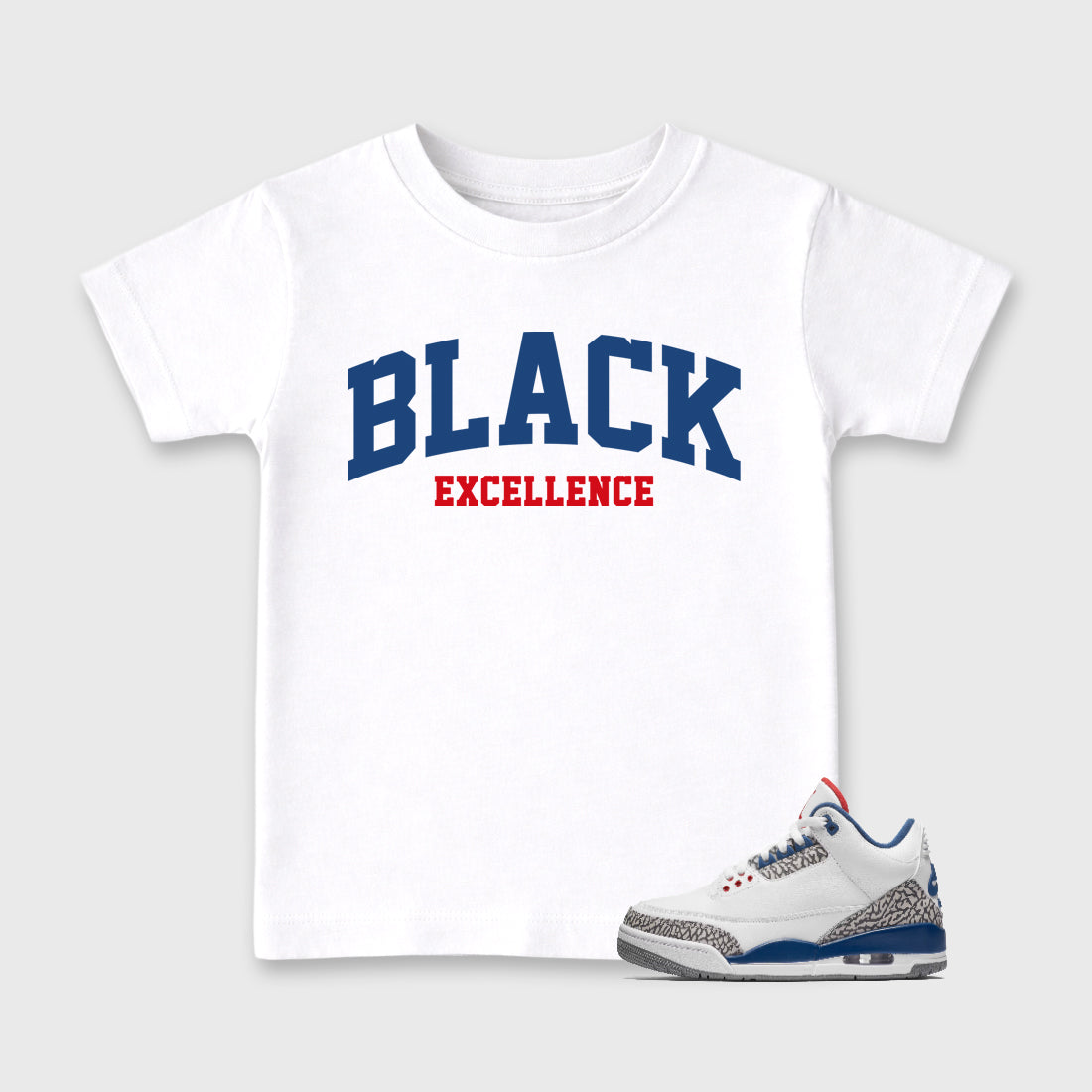 Varsity Black Excellence Baby & Kids Graphic T-Shirt featuring original artwork designed to match the Air Jordan 3 True Blue. White 1 Kids Graphic Tee.