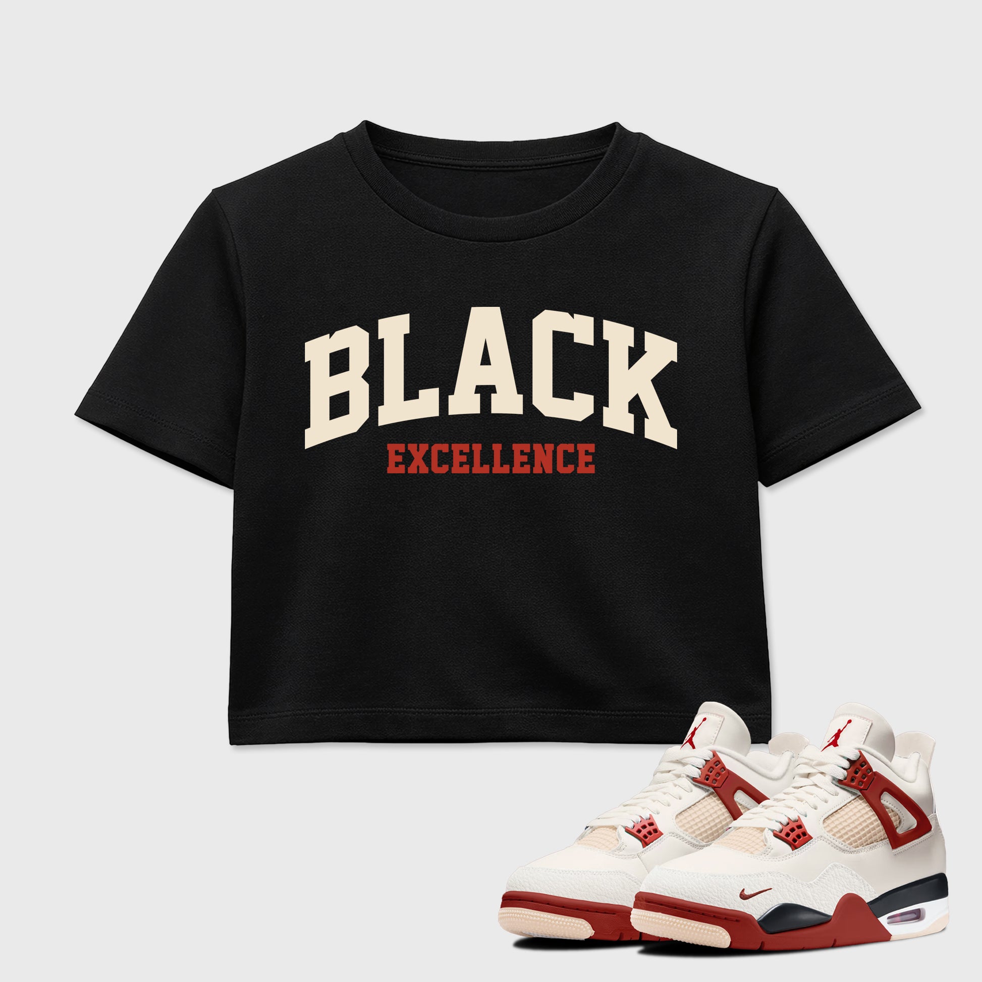Sneaker match tees – Sneaker Tees To Match Air Jordan 4 Brick After Brick Shoes – Varsity Black Excellence Crop T-Shirt Black 1