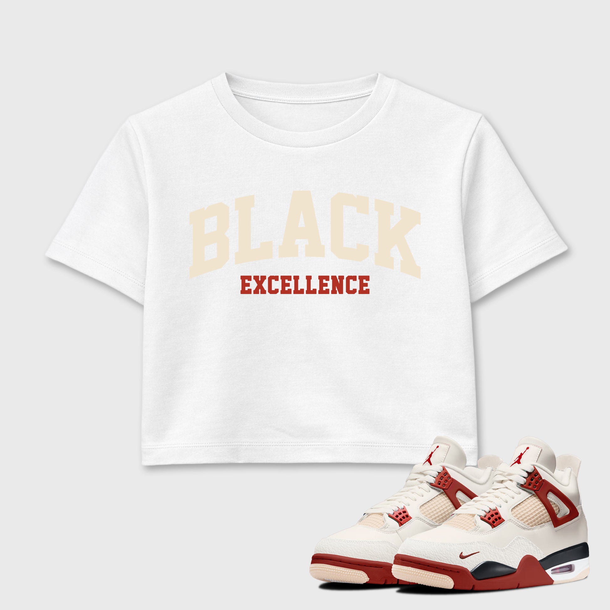 Sneaker match tees – Sneaker Tees To Match Air Jordan 4 Brick After Brick Shoes – Varsity Black Excellence Crop T-Shirt White 1
