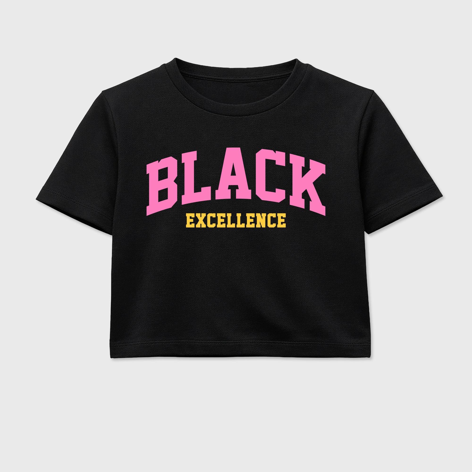 Varsity Black Excellence women’s crop tee designed to match the Air Jordan 4 Comic, featuring coordinated Black 2 options for a perfect streetwear vibe.