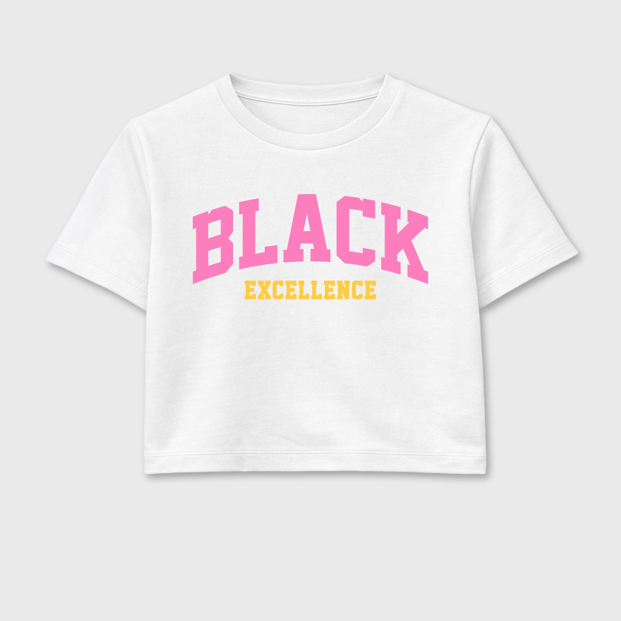Varsity Black Excellence women’s crop tee designed to match the Air Jordan 4 Comic, featuring coordinated White 2 options for a perfect streetwear vibe.