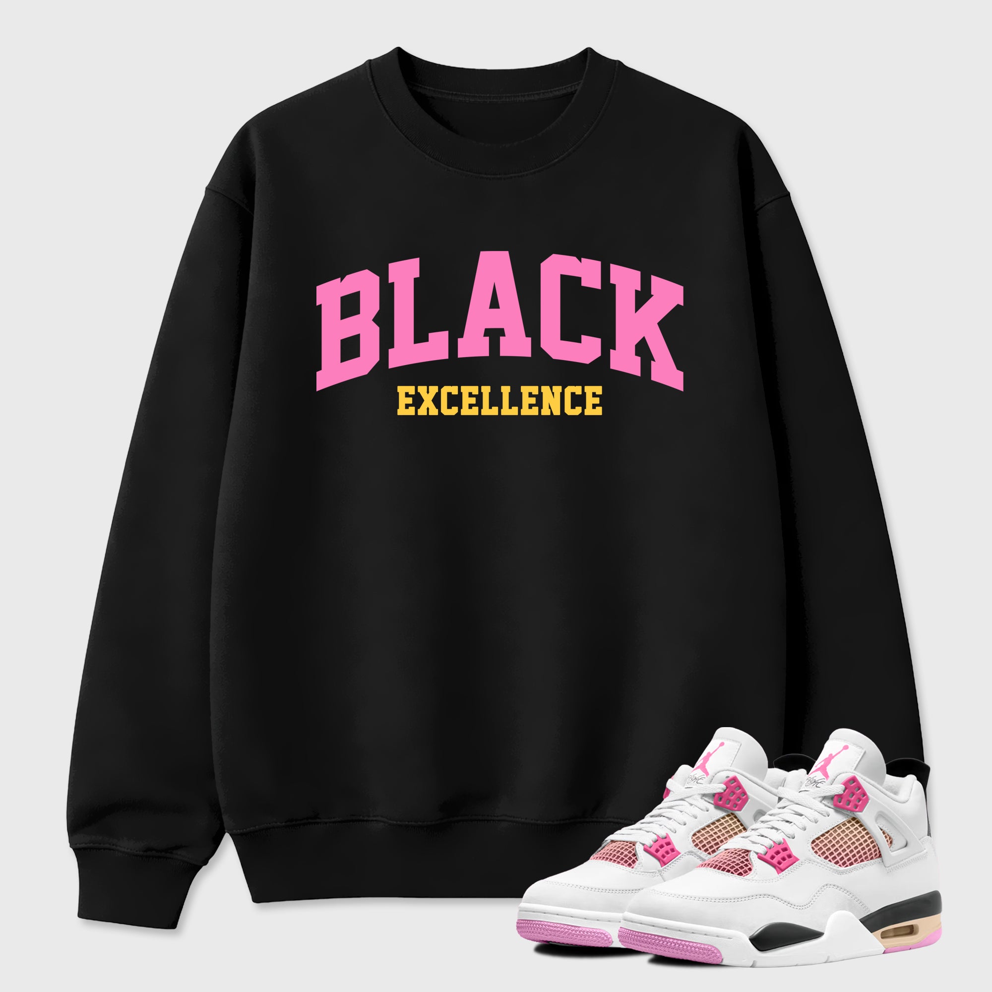 Varsity Black Excellence Graphic T-Shirt featuring original streetwear artwork designed to match the Air Jordan 4 Comic. Black 1 Graphic Tee.