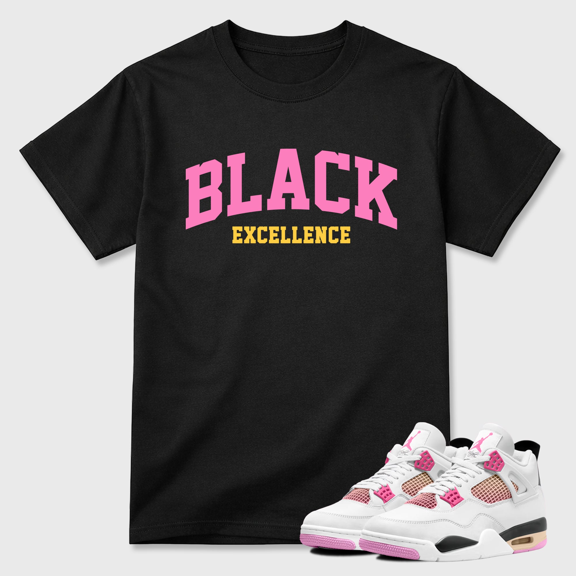 Varsity Black Excellence Graphic T-Shirt featuring original streetwear artwork designed to match the Air Jordan 4 Comic. Black 1 Graphic T-Shirt.