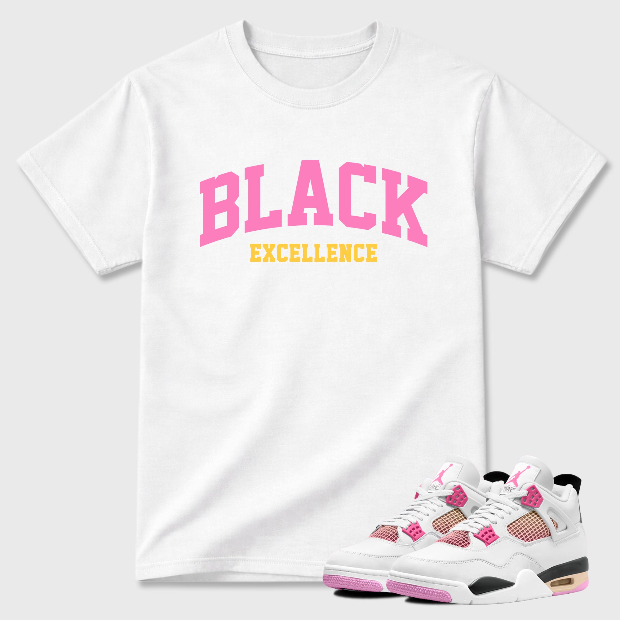 Varsity Black Excellence Graphic T-Shirt featuring original streetwear artwork designed to match the Air Jordan 4 Comic. White 1 Graphic T-Shirt.