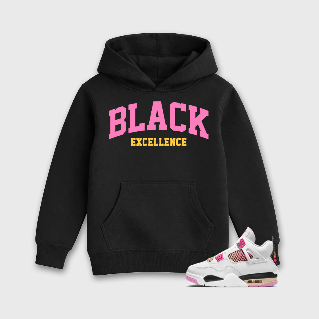 Varsity Black Excellence Baby & Kids Graphic Hoodie featuring original artwork designed to match the Air Jordan 4 Comic. Black 1 Kids Graphic Sweater.