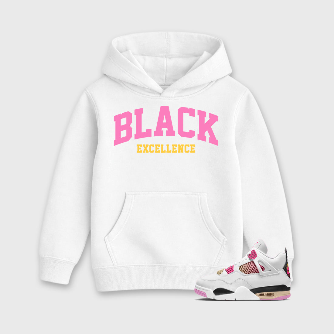 Varsity Black Excellence Baby & Kids Graphic Hoodie featuring original artwork designed to match the Air Jordan 4 Comic. White 1 Kids Graphic Sweater.