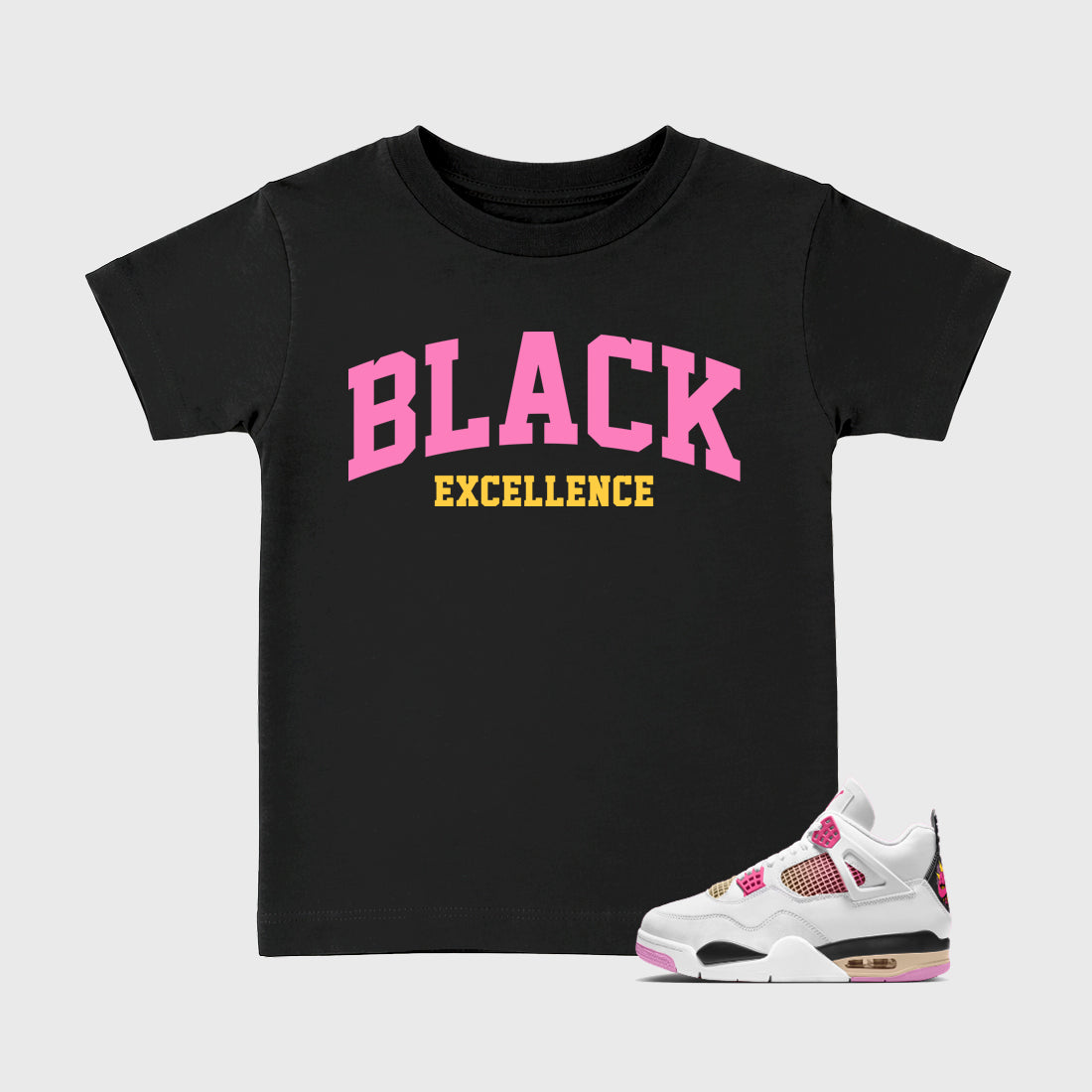Varsity Black Excellence Baby & Kids Graphic T-Shirt featuring original artwork designed to match the Air Jordan 4 Comic. Black 1 Kids Graphic Tee.