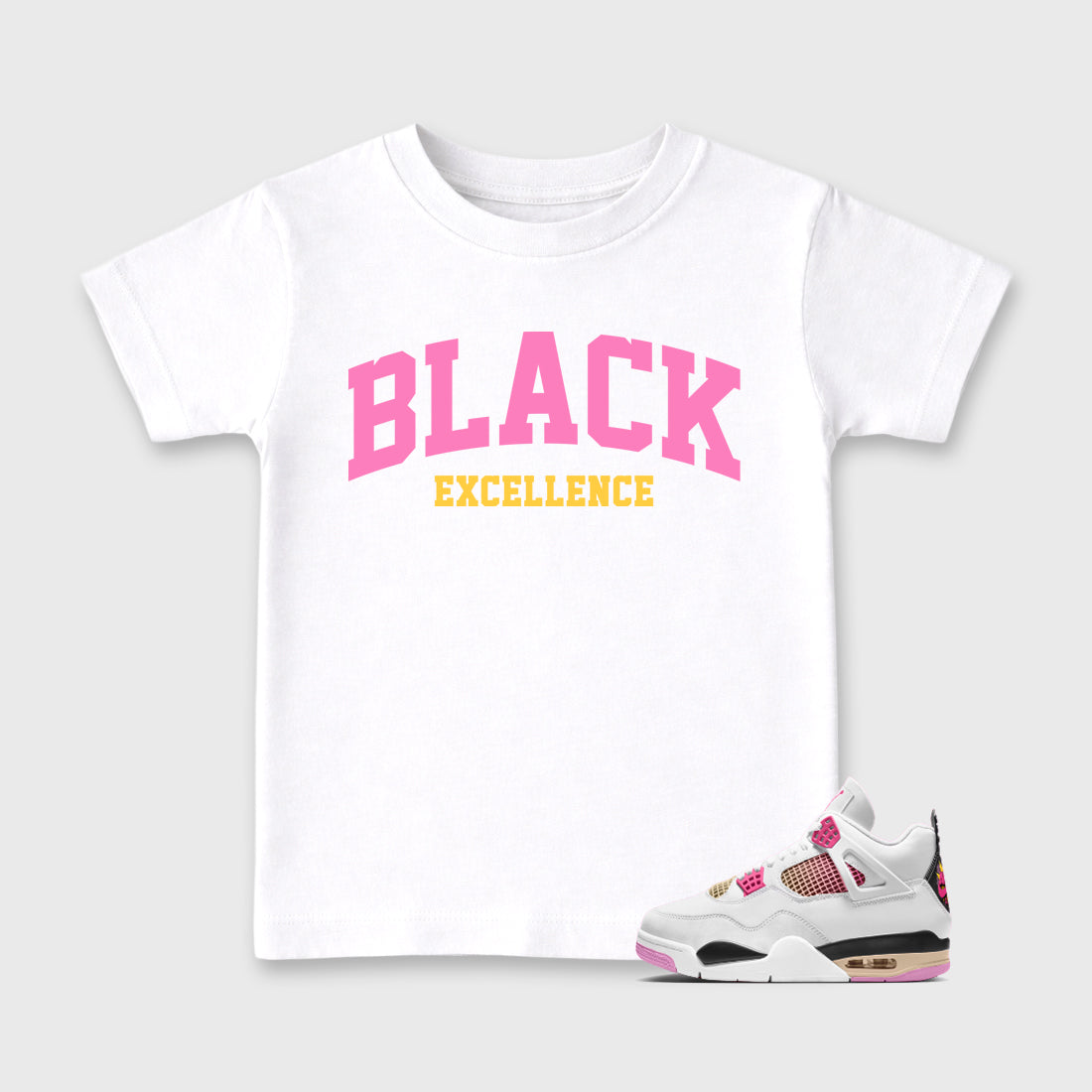 Varsity Black Excellence Baby & Kids Graphic T-Shirt featuring original artwork designed to match the Air Jordan 4 Comic. White 1 Kids Graphic Tee.
