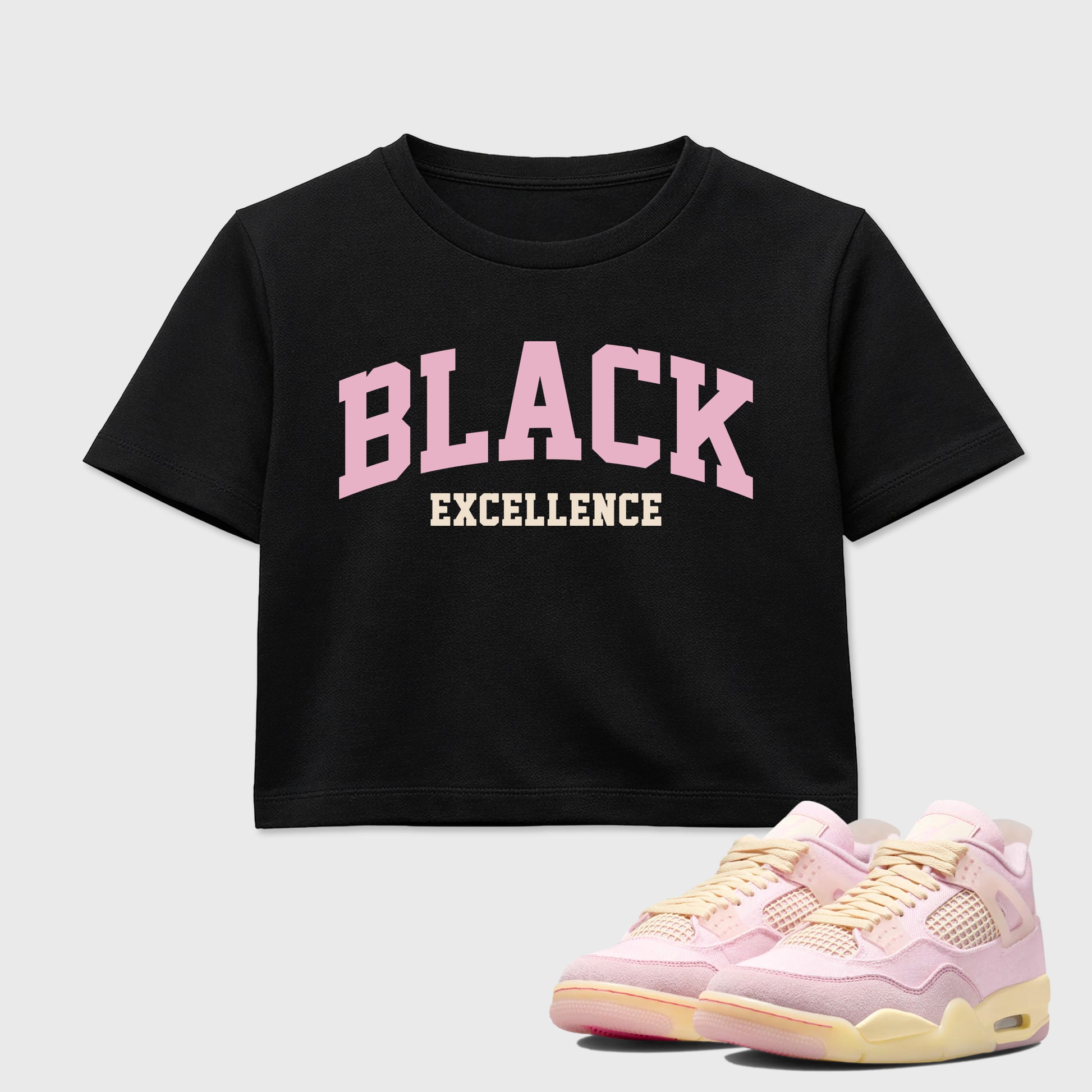 Sneaker match tees – Sneaker Tees To Match Air Jordan 4 Iced Carmine Shoes – Varsity Black Excellence Crop T-Shirt Black 1