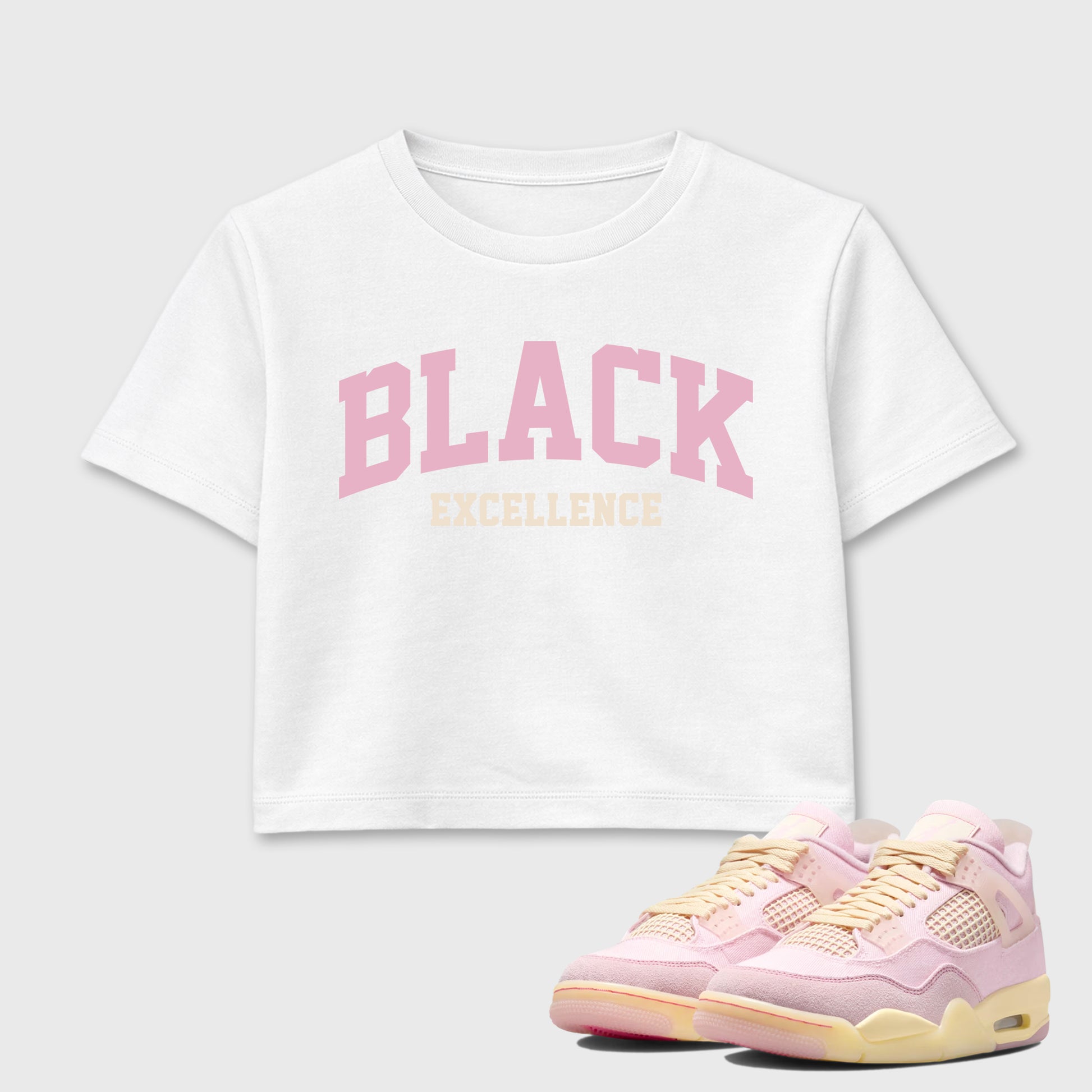 Sneaker match tees – Sneaker Tees To Match Air Jordan 4 Iced Carmine Shoes – Varsity Black Excellence Crop T-Shirt White 1