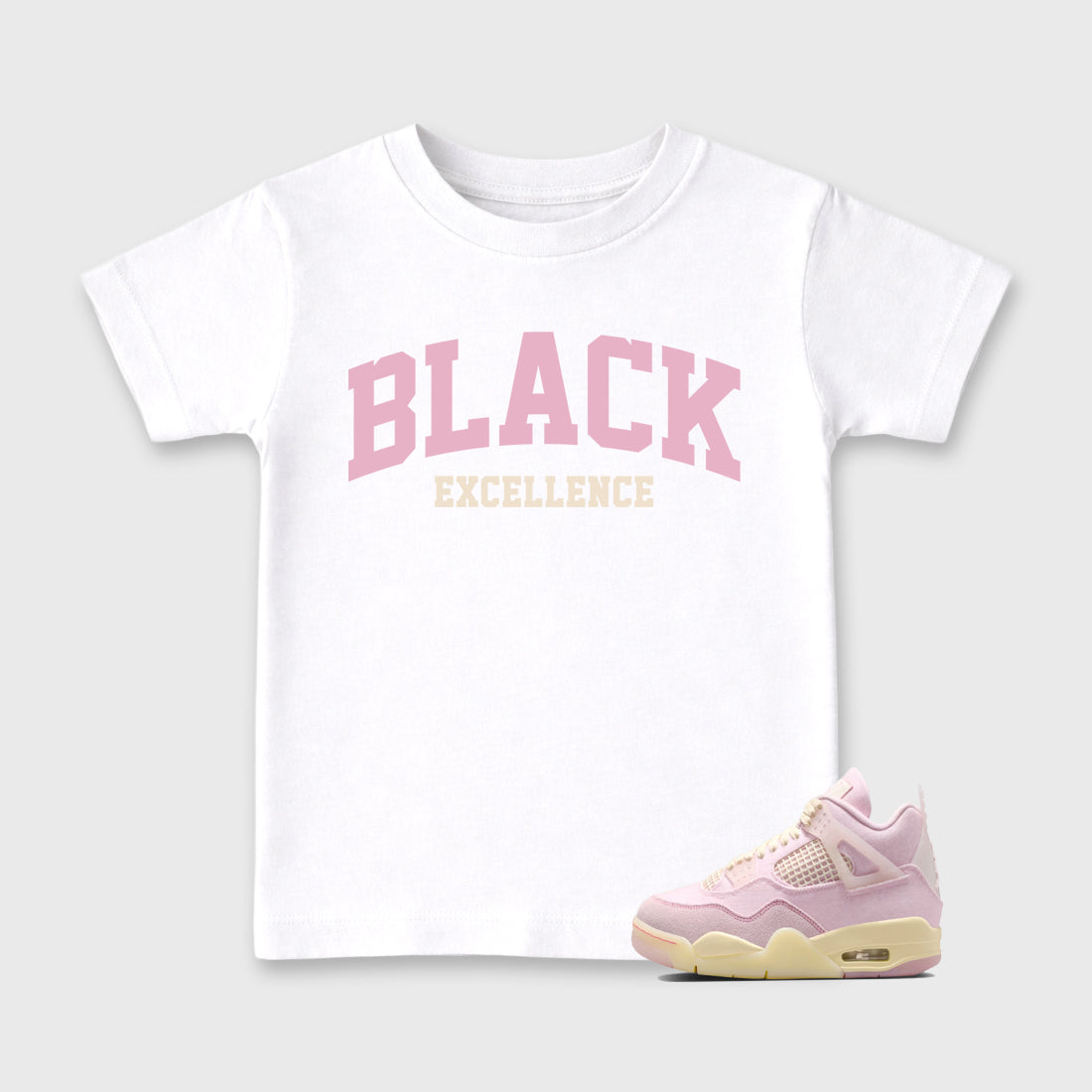 Sneaker match tees – Sneaker Tees To Match Air Jordan 4 Iced Carmine Shoes – Varsity Black Excellence Kids T-Shirt White 1