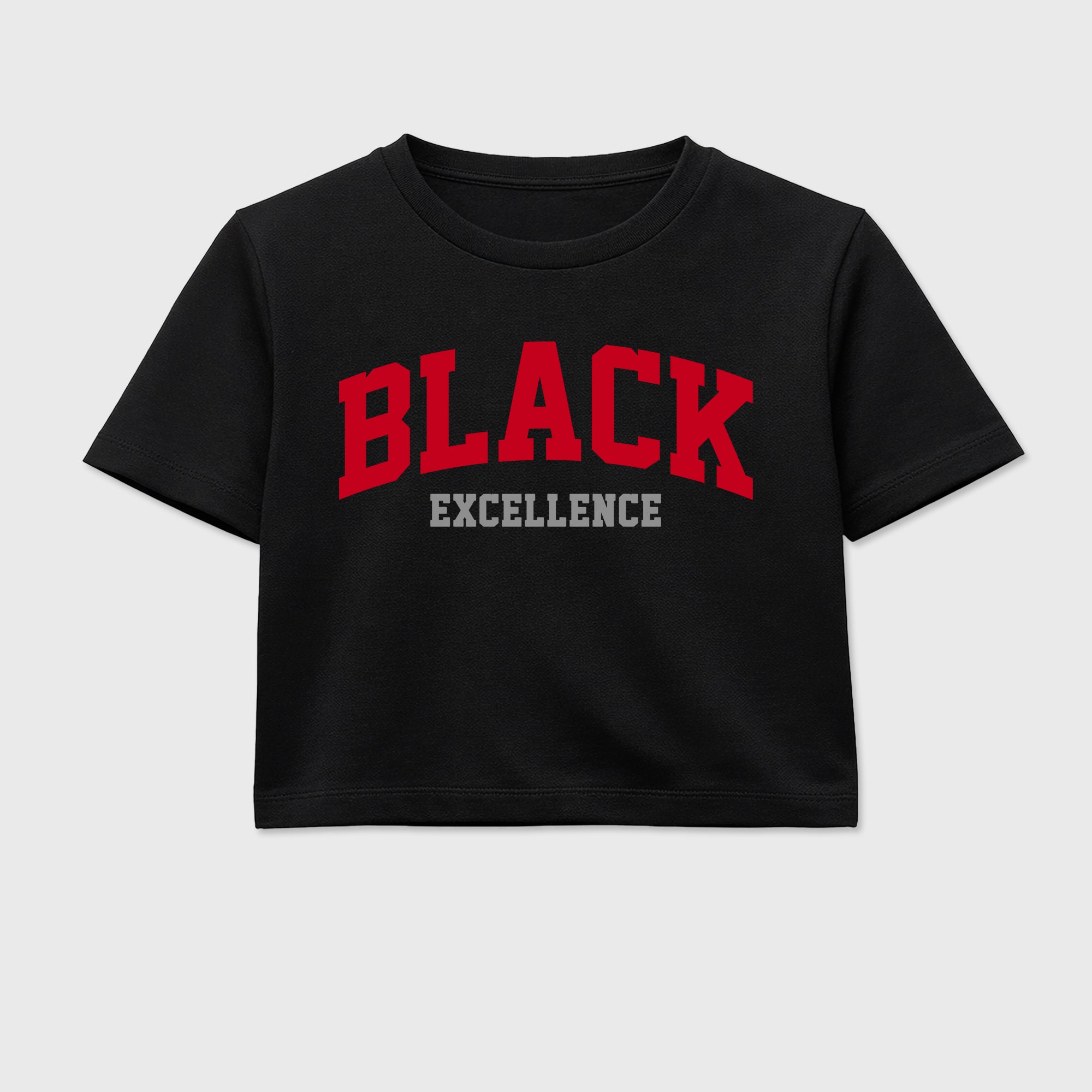 Varsity Black Excellence women’s crop tee designed to match the Air Jordan 4 Toro Bravo, featuring coordinated Black 2 options for a perfect streetwear vibe.