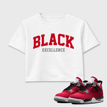Varsity Black Excellence women’s crop tee designed to match the Air Jordan 4 Toro Bravo, featuring coordinated White 1 options for a perfect streetwear vibe.