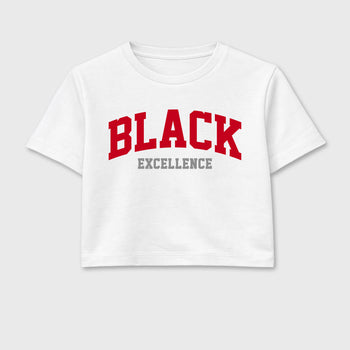 Varsity Black Excellence women’s crop tee designed to match the Air Jordan 4 Toro Bravo, featuring coordinated White 2 options for a perfect streetwear vibe.