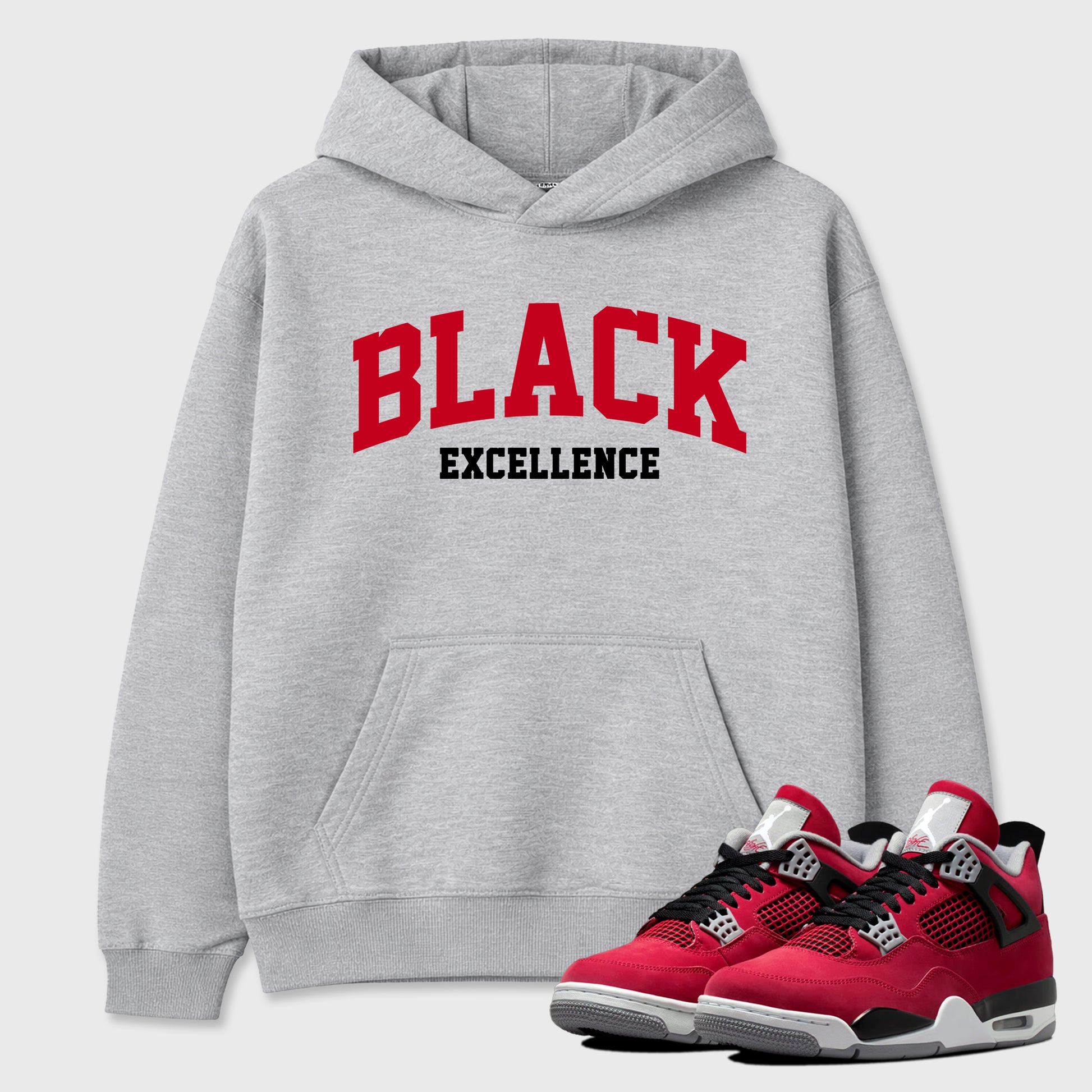 Varsity Black Excellence Graphic T-Shirt sneaker match tee designed for the Air Jordan 4 Toro Bravo, featuring coordinated color options for a perfect streetwear match. Heather Grey 1 shirt.