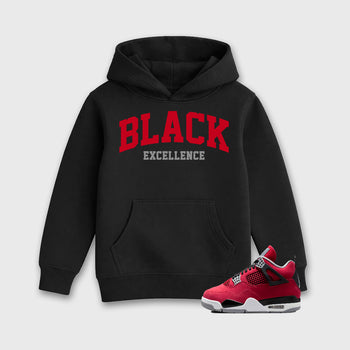 Varsity Black Excellence affordable baby and kids t-shirt designed to match the Air Jordan 4 Toro Bravo, featuring coordinated Black 1 options for the perfect little sneakerhead streetwear look.