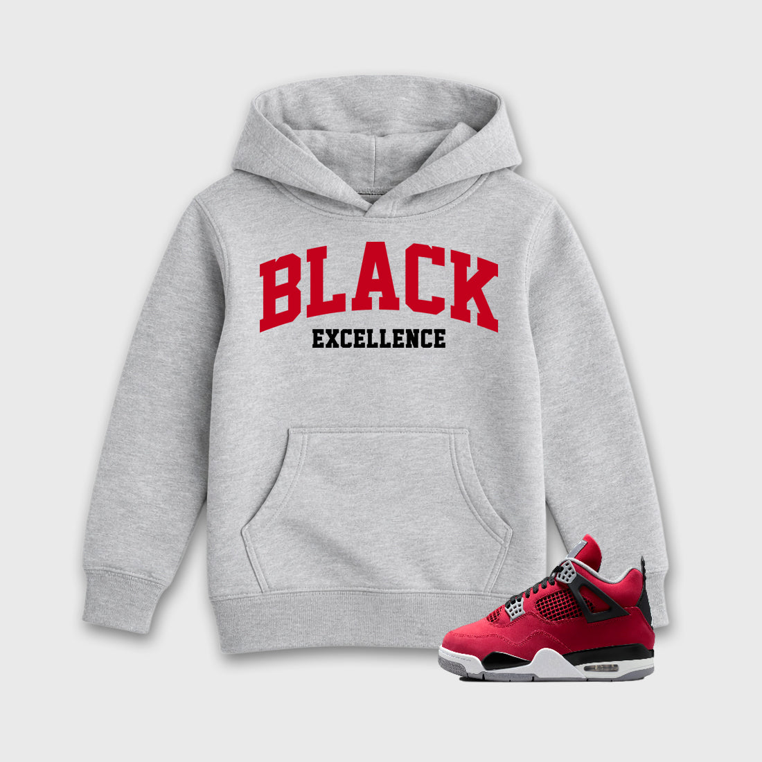 Varsity Black Excellence affordable baby and kids t-shirt designed to match the Air Jordan 4 Toro Bravo, featuring coordinated Heather Grey 1 options for the perfect little sneakerhead streetwear look.