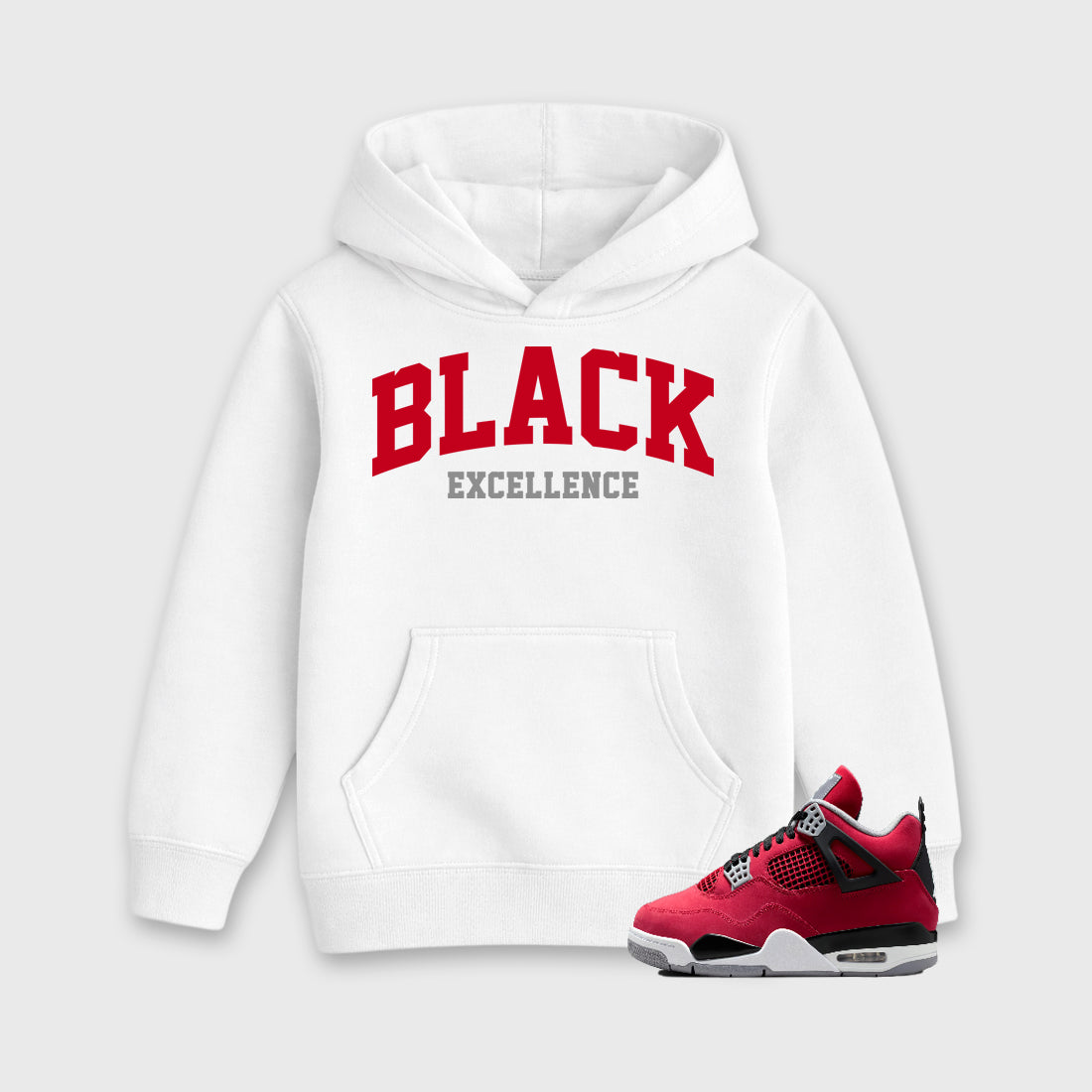 Varsity Black Excellence affordable baby and kids t-shirt designed to match the Air Jordan 4 Toro Bravo, featuring coordinated White 1 options for the perfect little sneakerhead streetwear look.
