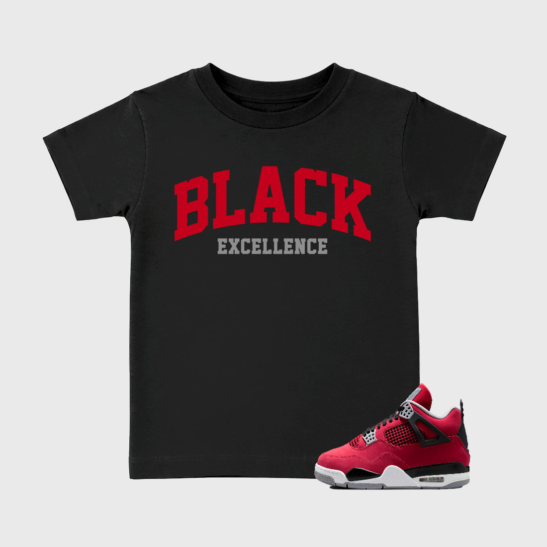 Varsity Black Excellence affordable baby and kids t-shirt designed to match the Air Jordan 4 Toro Bravo, featuring coordinated Black 1 options for the perfect little sneakerhead streetwear look.