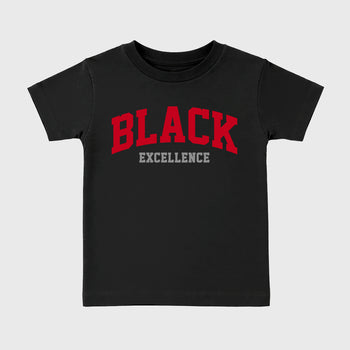 Varsity Black Excellence affordable baby and kids t-shirt designed to match the Air Jordan 4 Toro Bravo, featuring coordinated Black 2 options for the perfect little sneakerhead streetwear look.