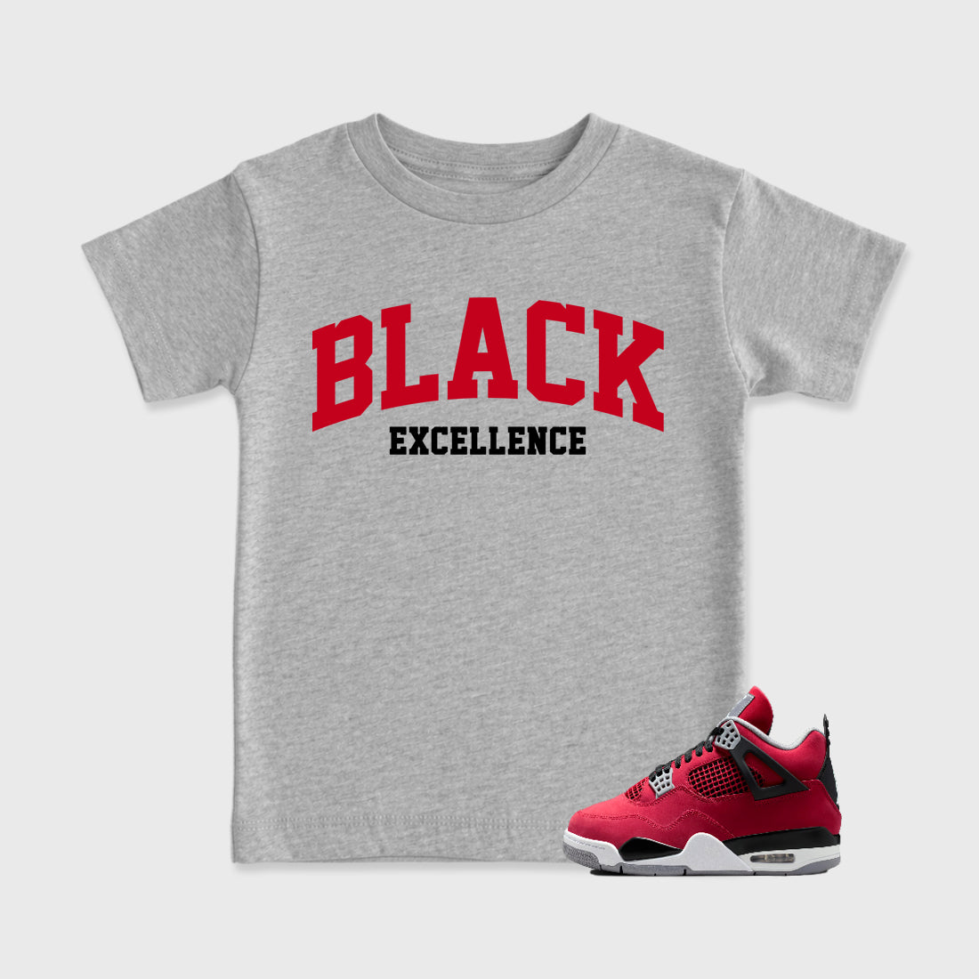 Varsity Black Excellence affordable baby and kids t-shirt designed to match the Air Jordan 4 Toro Bravo, featuring coordinated Heather Grey 1 options for the perfect little sneakerhead streetwear look.