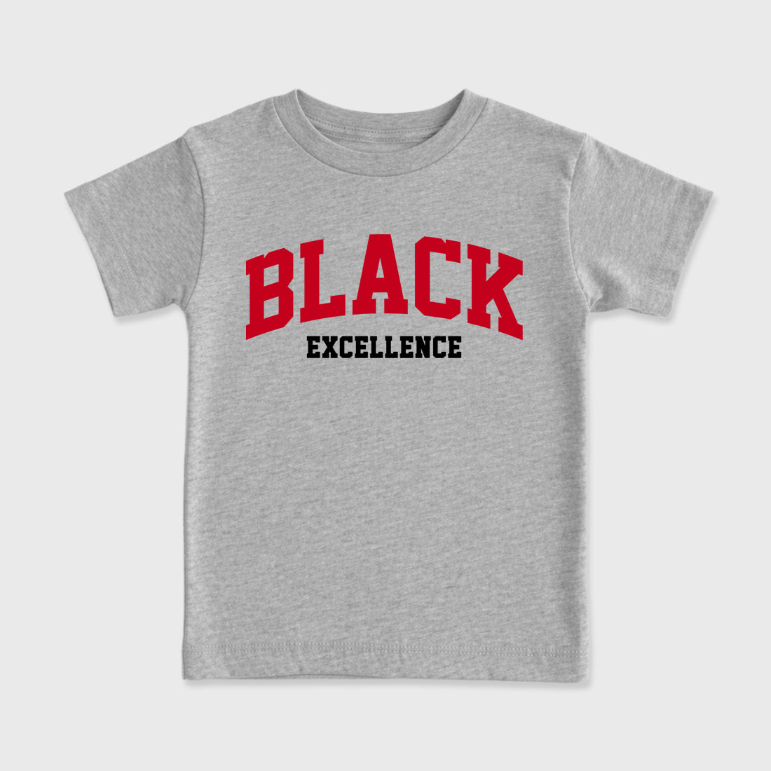 Varsity Black Excellence affordable baby and kids t-shirt designed to match the Air Jordan 4 Toro Bravo, featuring coordinated Heather Grey 2 options for the perfect little sneakerhead streetwear look.