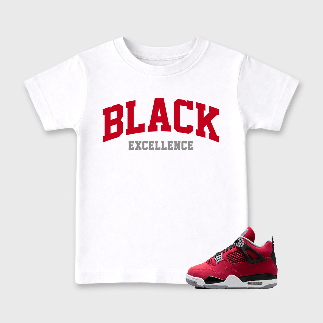 Varsity Black Excellence affordable baby and kids t-shirt designed to match the Air Jordan 4 Toro Bravo, featuring coordinated White 1 options for the perfect little sneakerhead streetwear look.