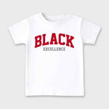Varsity Black Excellence affordable baby and kids t-shirt designed to match the Air Jordan 4 Toro Bravo, featuring coordinated White 2 options for the perfect little sneakerhead streetwear look.