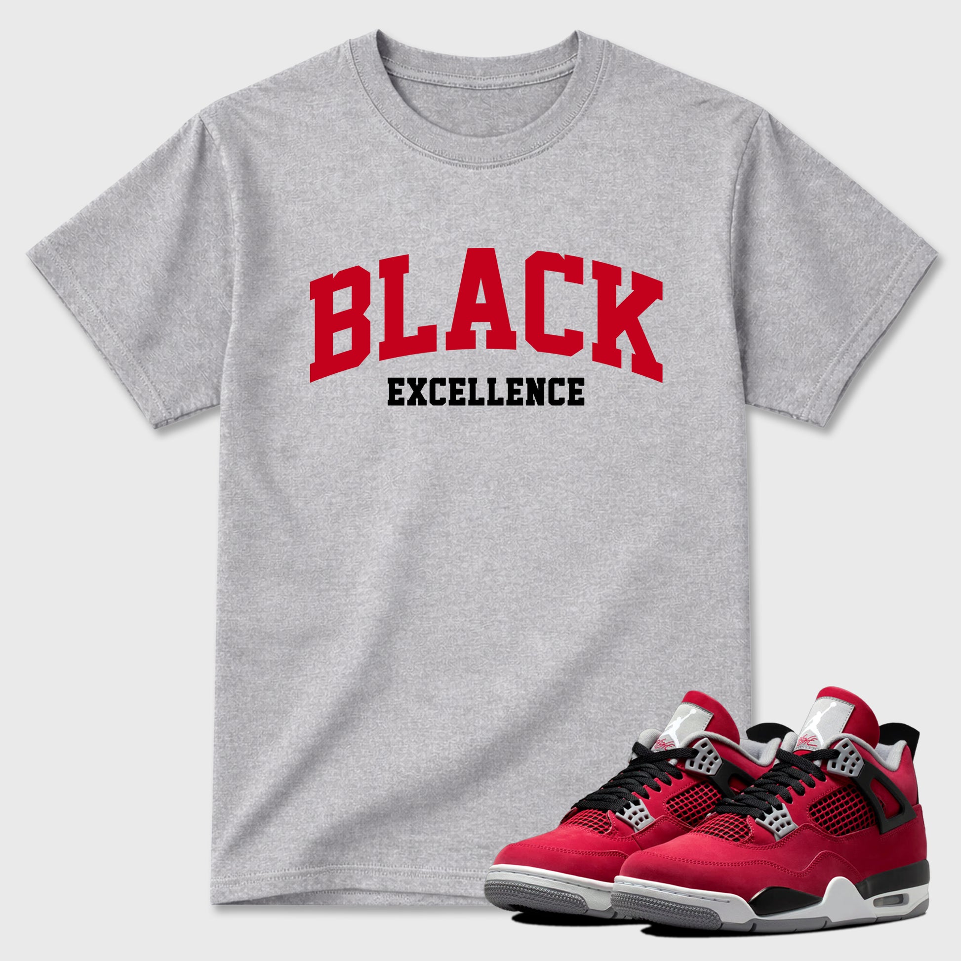 Varsity Black Excellence Graphic T-Shirt sneaker match tee designed for the Air Jordan 4 Toro Bravo, featuring coordinated color options for a perfect streetwear match. Heather Grey 1 shirt.