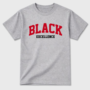 Varsity Black Excellence Graphic T-Shirt sneaker match tee designed for the Air Jordan 4 Toro Bravo, featuring coordinated color options for a perfect streetwear match. Heather Grey 2 shirt.