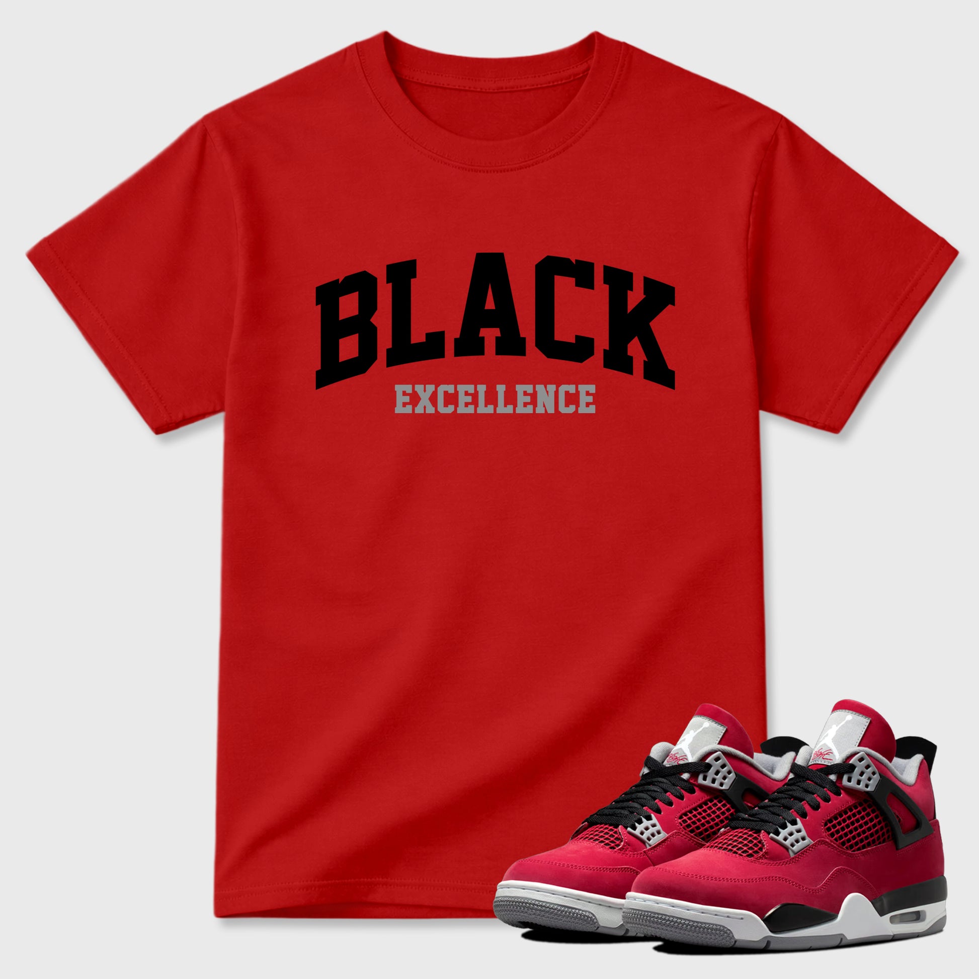 Varsity Black Excellence Graphic T-Shirt sneaker match tee designed for the Air Jordan 4 Toro Bravo, featuring coordinated color options for a perfect streetwear match. Red 1 shirt.