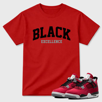 Varsity Black Excellence Graphic T-Shirt sneaker match tee designed for the Air Jordan 4 Toro Bravo, featuring coordinated color options for a perfect streetwear match. Red 1 shirt.
