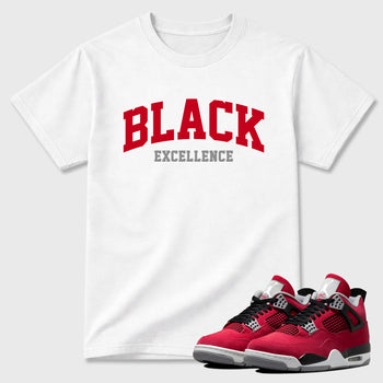 Varsity Black Excellence Graphic T-Shirt sneaker match tee designed for the Air Jordan 4 Toro Bravo, featuring coordinated color options for a perfect streetwear match. White 1 shirt.