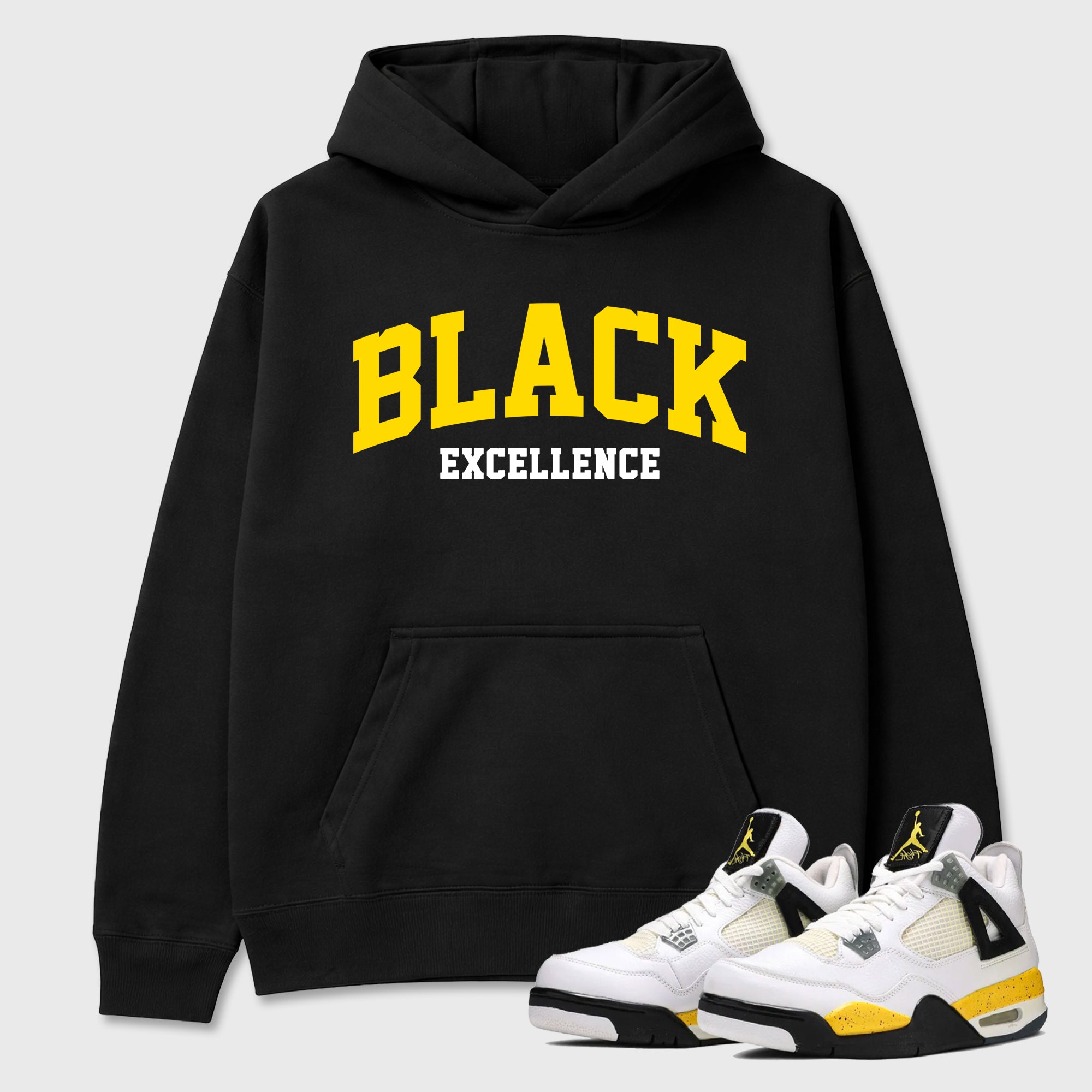 Varsity Black Excellence Graphic T-Shirt featuring original streetwear artwork designed to match the Air Jordan 4 Tour Yellow. Black 1 Graphic Tee.