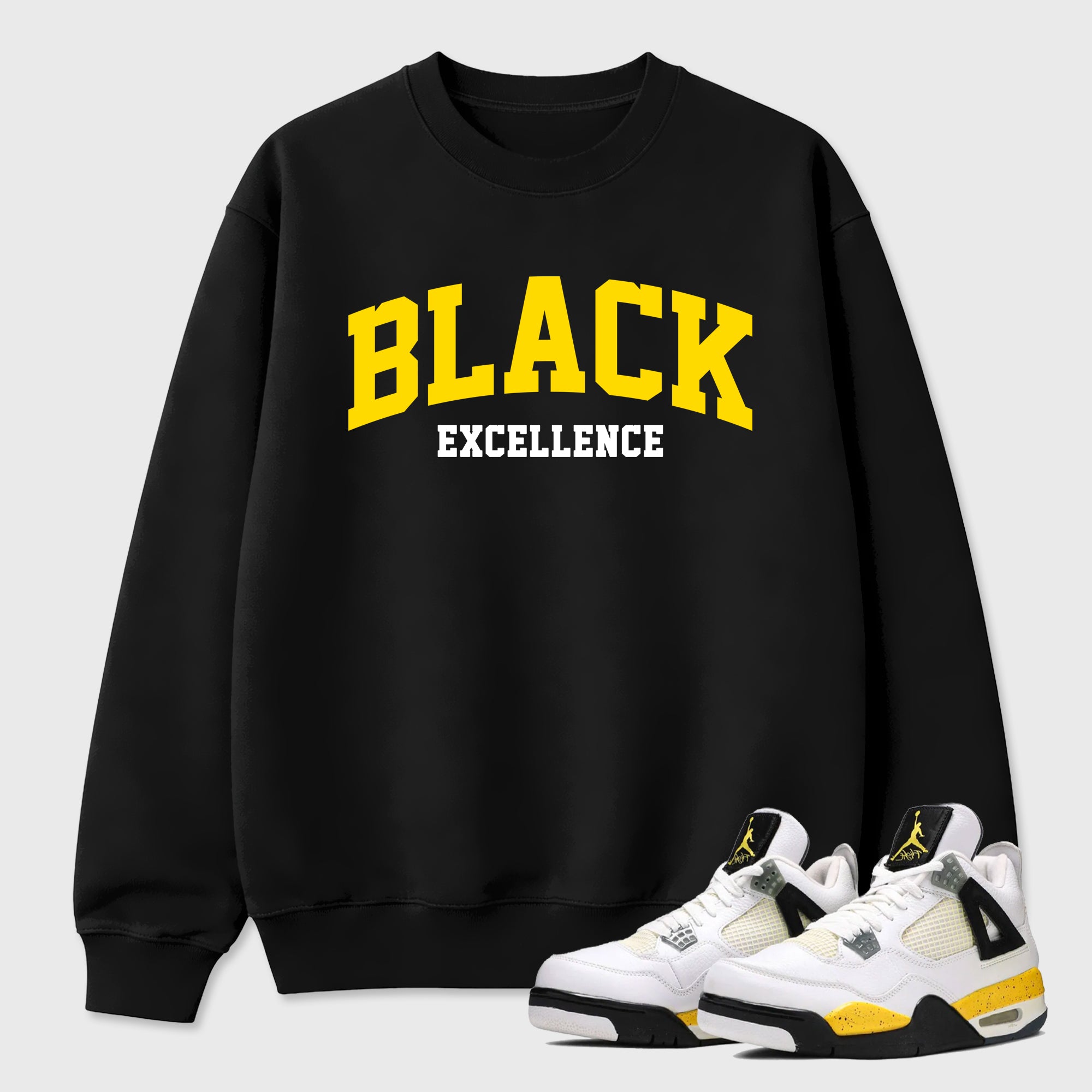 Varsity Black Excellence Graphic T-Shirt featuring original streetwear artwork designed to match the Air Jordan 4 Tour Yellow. Black 1 Graphic Tee.