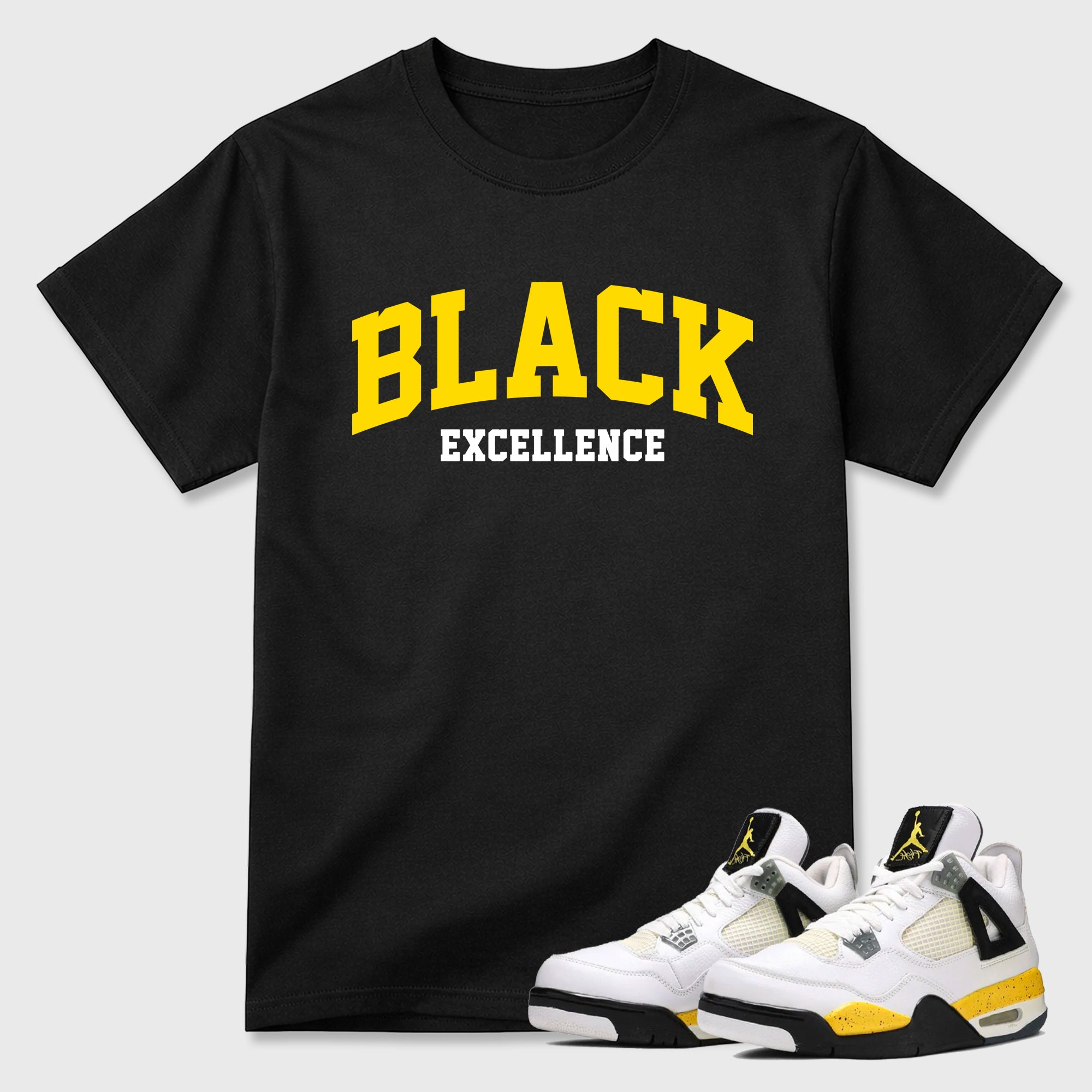 Varsity Black Excellence Graphic T-Shirt featuring original streetwear artwork designed to match the Air Jordan 4 Tour Yellow. Black 1 Graphic T-Shirt.