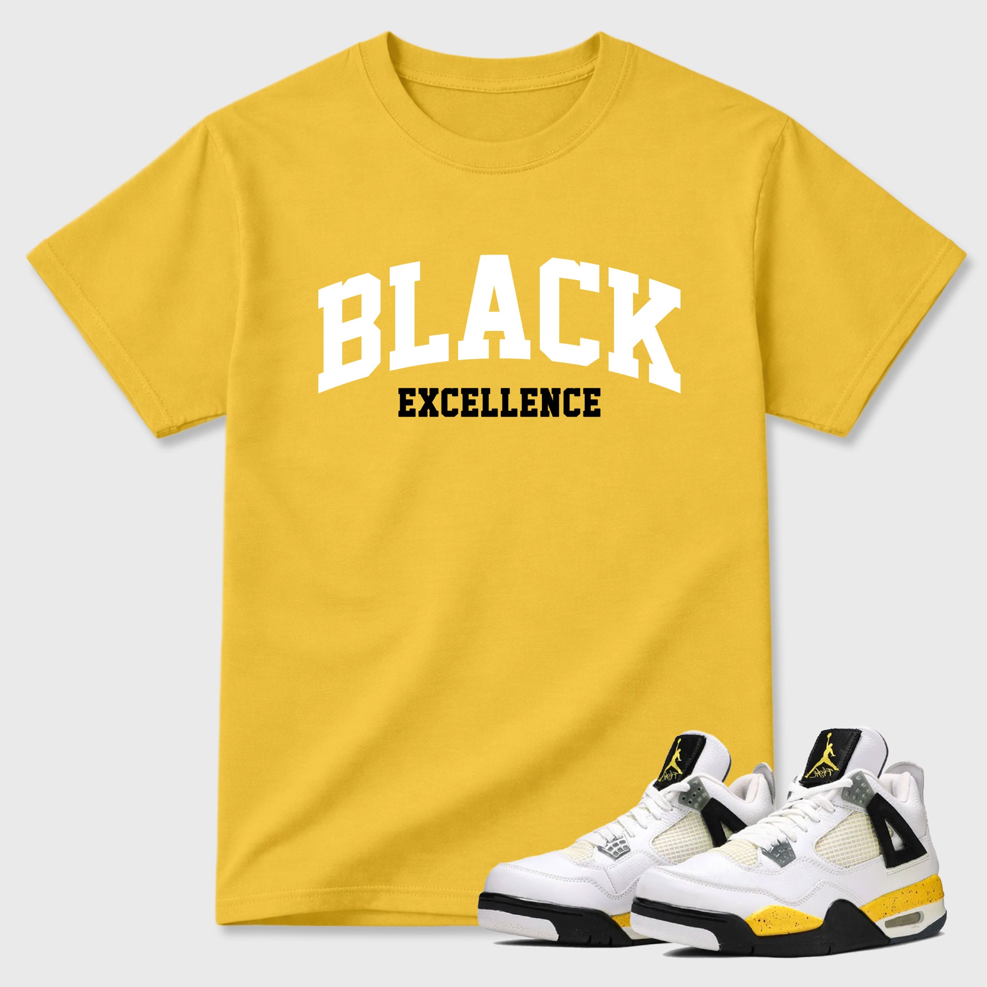 Varsity Black Excellence Graphic T-Shirt featuring original streetwear artwork designed to match the Air Jordan 4 Tour Yellow. Daisy 1 Graphic T-Shirt.