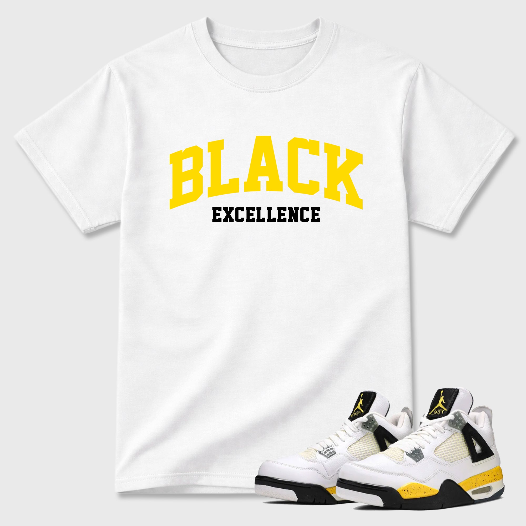Varsity Black Excellence Graphic T-Shirt featuring original streetwear artwork designed to match the Air Jordan 4 Tour Yellow. White 1 Graphic T-Shirt.