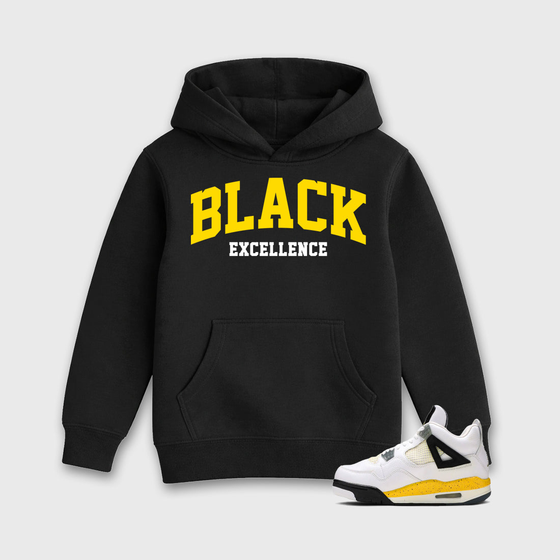 Varsity Black Excellence Baby & Kids Graphic Hoodie featuring original artwork designed to match the Air Jordan 4 Tour Yellow. Black 1 Kids Graphic Sweater.