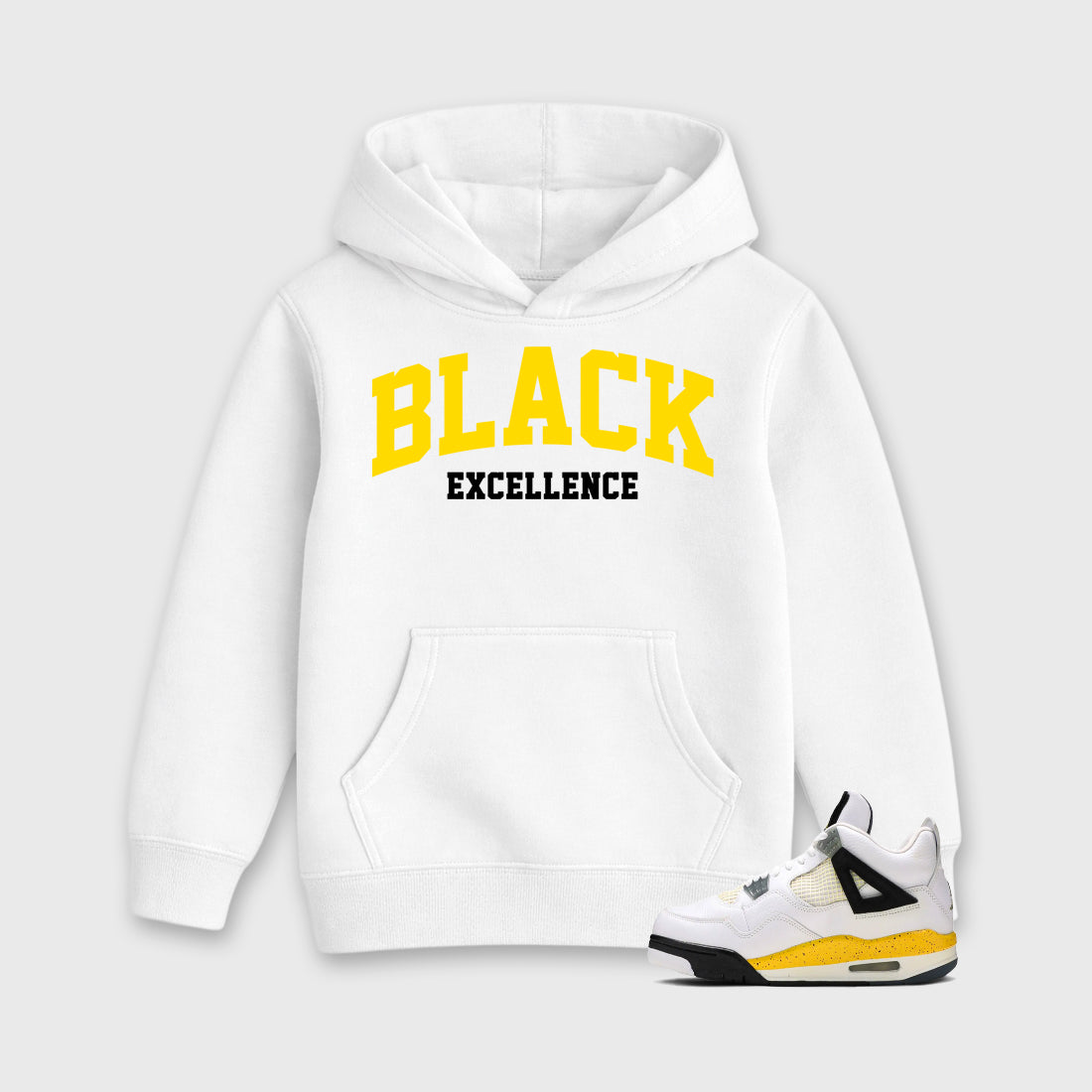 Varsity Black Excellence Baby & Kids Graphic Hoodie featuring original artwork designed to match the Air Jordan 4 Tour Yellow. White 1 Kids Graphic Sweater.