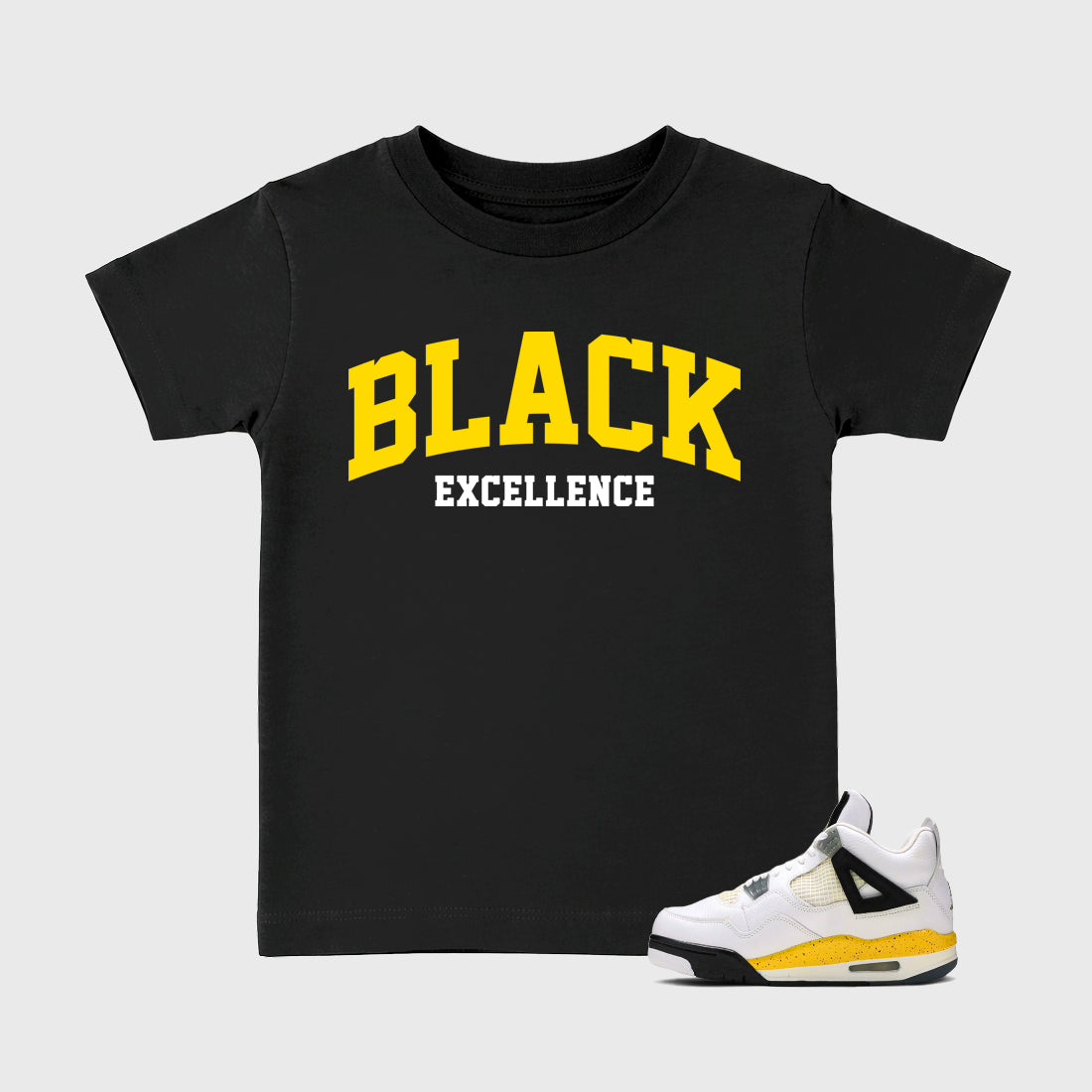 Varsity Black Excellence Baby & Kids Graphic T-Shirt featuring original artwork designed to match the Air Jordan 4 Tour Yellow. Black 1 Kids Graphic Tee.