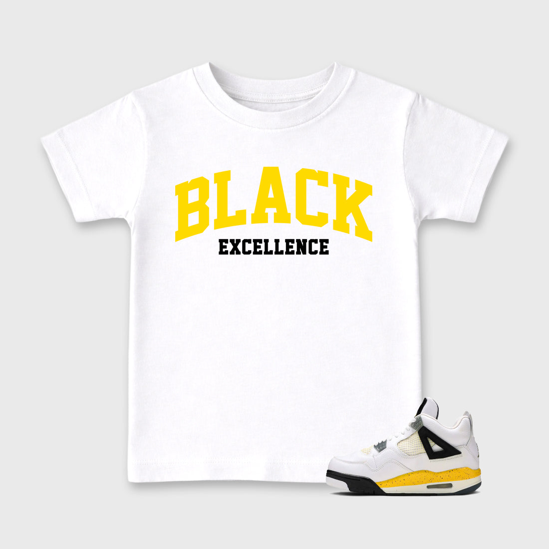 Varsity Black Excellence Baby & Kids Graphic T-Shirt featuring original artwork designed to match the Air Jordan 4 Tour Yellow. White 1 Kids Graphic Tee.