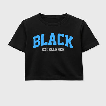 Varsity Black Excellence women’s crop tee designed to match the Air Jordan 5 Black University Blue, featuring coordinated Black 2 options for a perfect streetwear vibe.