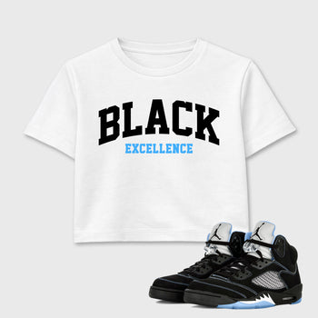 Varsity Black Excellence women’s crop tee designed to match the Air Jordan 5 Black University Blue, featuring coordinated White 1 options for a perfect streetwear vibe.